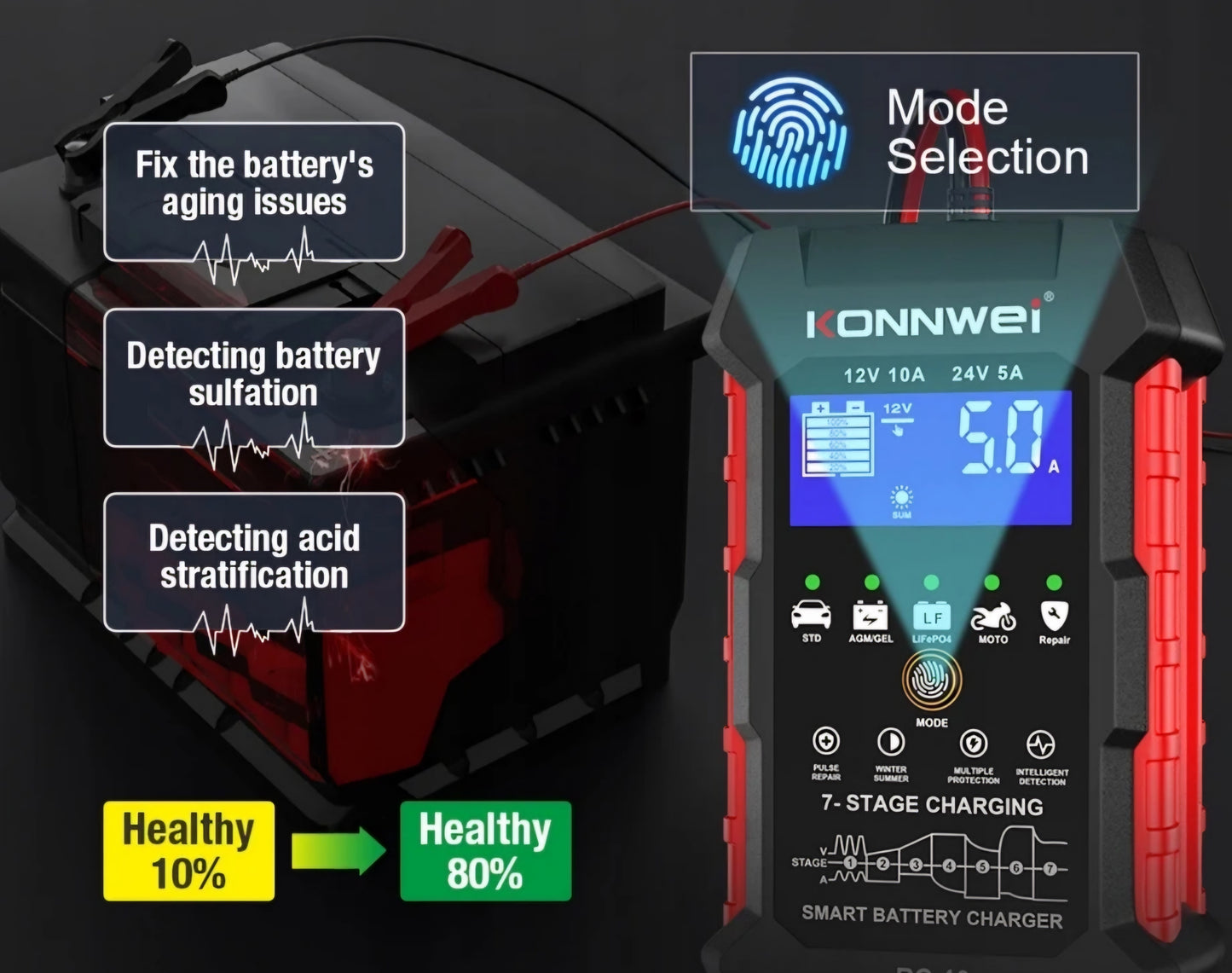 Konnwei RC-10 HELT NY/OANVÄND Batteriladdare 10Amp