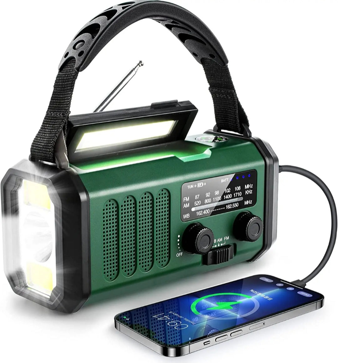 Nödradio vevradio 10,000 mAh inbyggd Powerbank, Lampa och Vev och generator