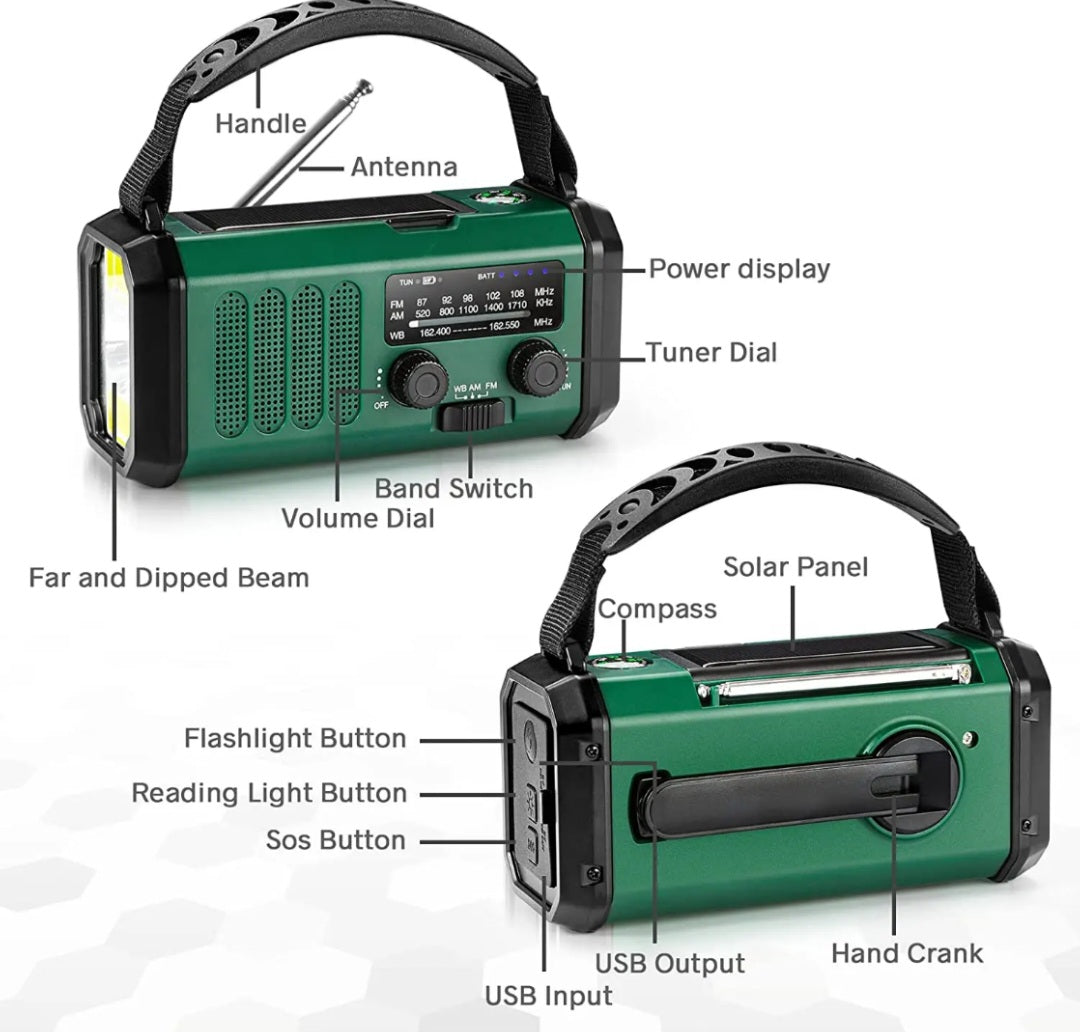 Nödradio vevradio 10,000 mAh inbyggd Powerbank, Lampa och Vev och generator